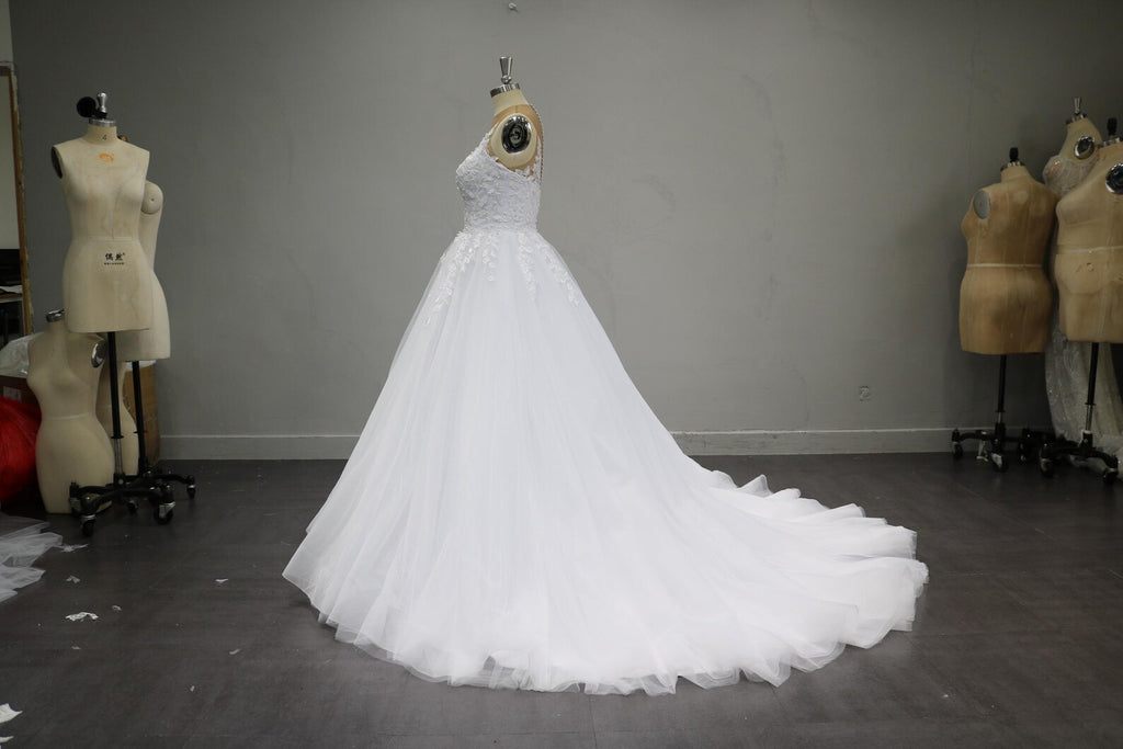 Plunging V Neck Lace Tulle Ballgown Wedding Dress, 3D Floral Appliqué Bridal Gown With Long Train, Custom Wedding Gown