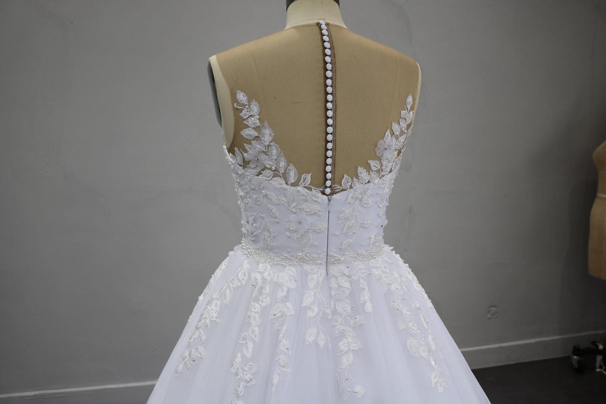 Plunging V Neck Lace Tulle Ballgown Wedding Dress, 3D Floral Appliqué Bridal Gown With Long Train, Custom Wedding Gown