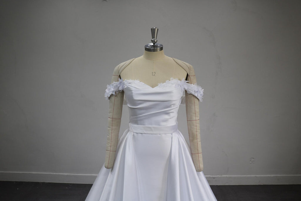 Off Shoulder Satin Wedding Dress, Detachable Floral Sleeves Bridal Gown, Pleated Bodice Ballgown with Train, Custom Made Wedding Gown