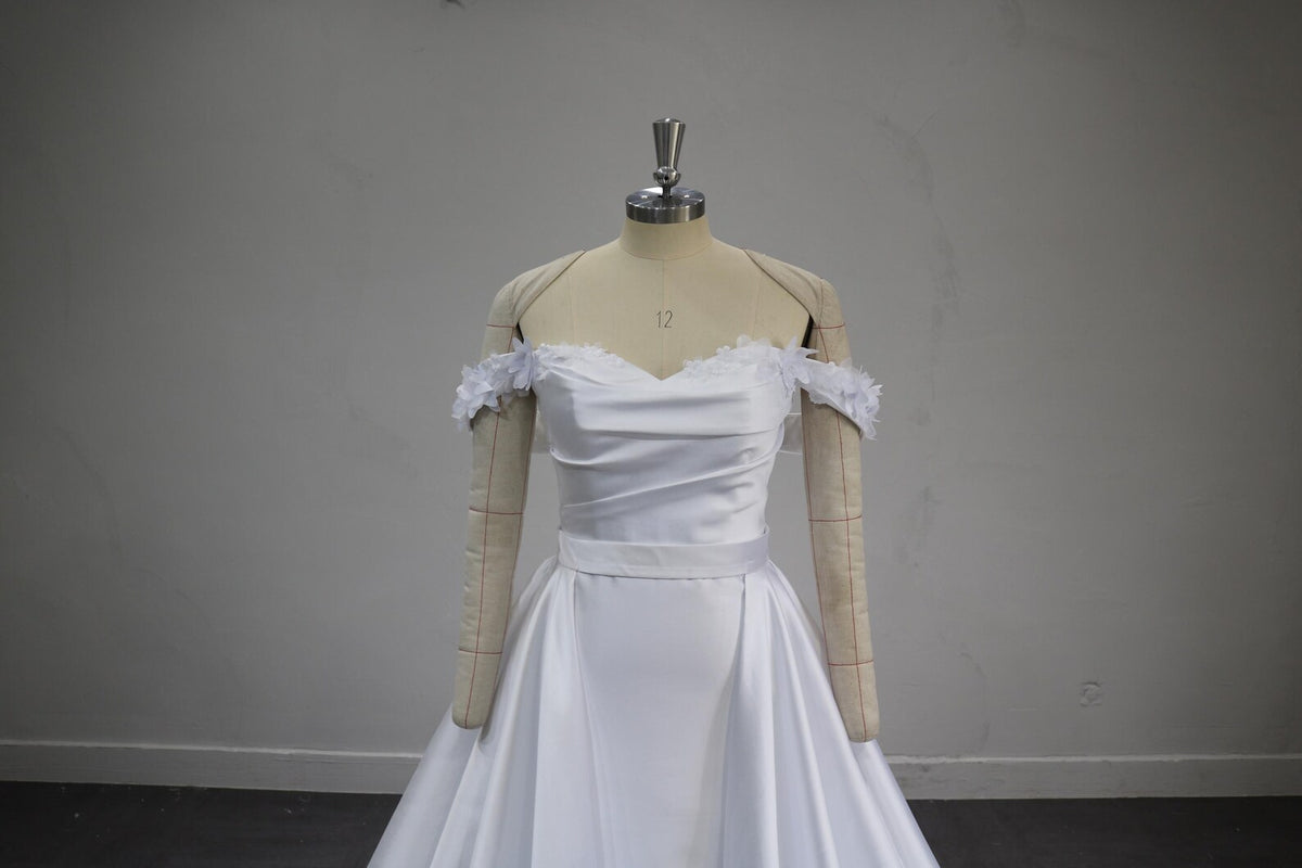 Off Shoulder Satin Wedding Dress, Detachable Floral Sleeves Bridal Gown, Pleated Bodice Ballgown with Train, Custom Made Wedding Gown