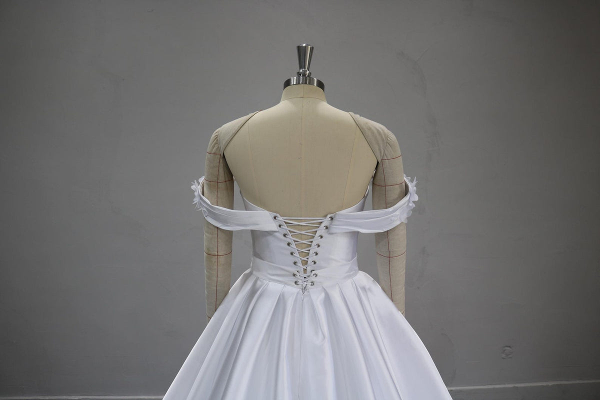 Off Shoulder Satin Wedding Dress, Detachable Floral Sleeves Bridal Gown, Pleated Bodice Ballgown with Train, Custom Made Wedding Gown