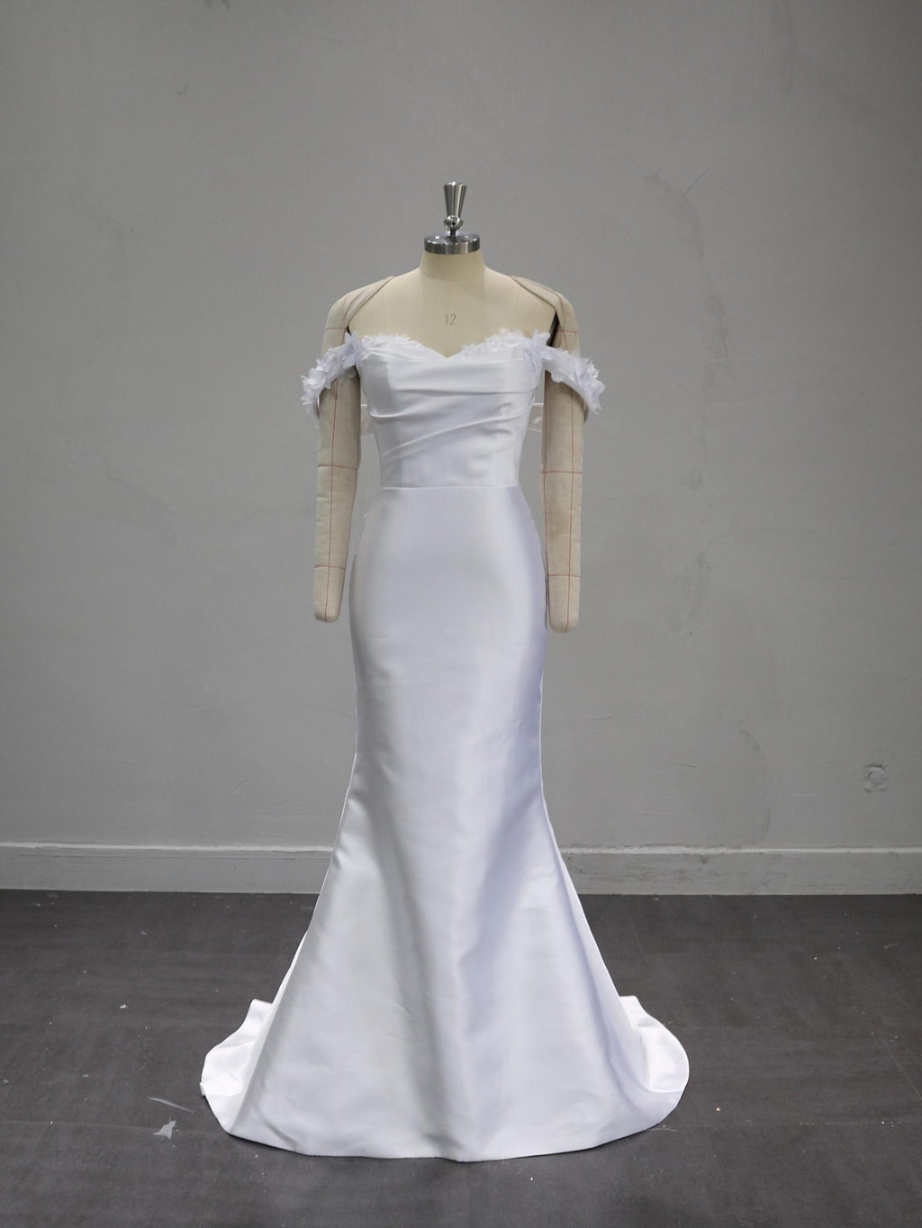 Off Shoulder Satin Wedding Dress, Detachable Floral Sleeves Bridal Gown, Pleated Bodice Ballgown with Train, Custom Made Wedding Gown