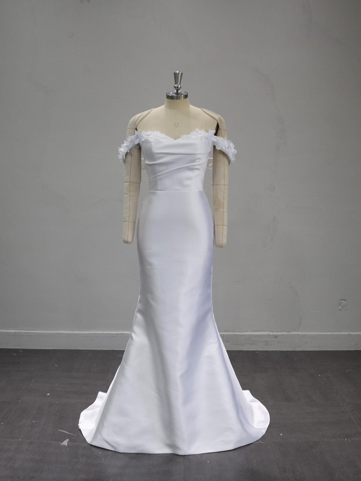 Off Shoulder Satin Wedding Dress, Detachable Floral Sleeves Bridal Gown, Pleated Bodice Ballgown with Train, Custom Made Wedding Gown