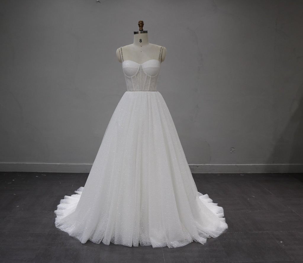 Sparkle Tulle Ballgown Wedding Dress, Sweetheart Corset Bridal Gown, Rhinestone Thin Straps Custom Wedding Gown