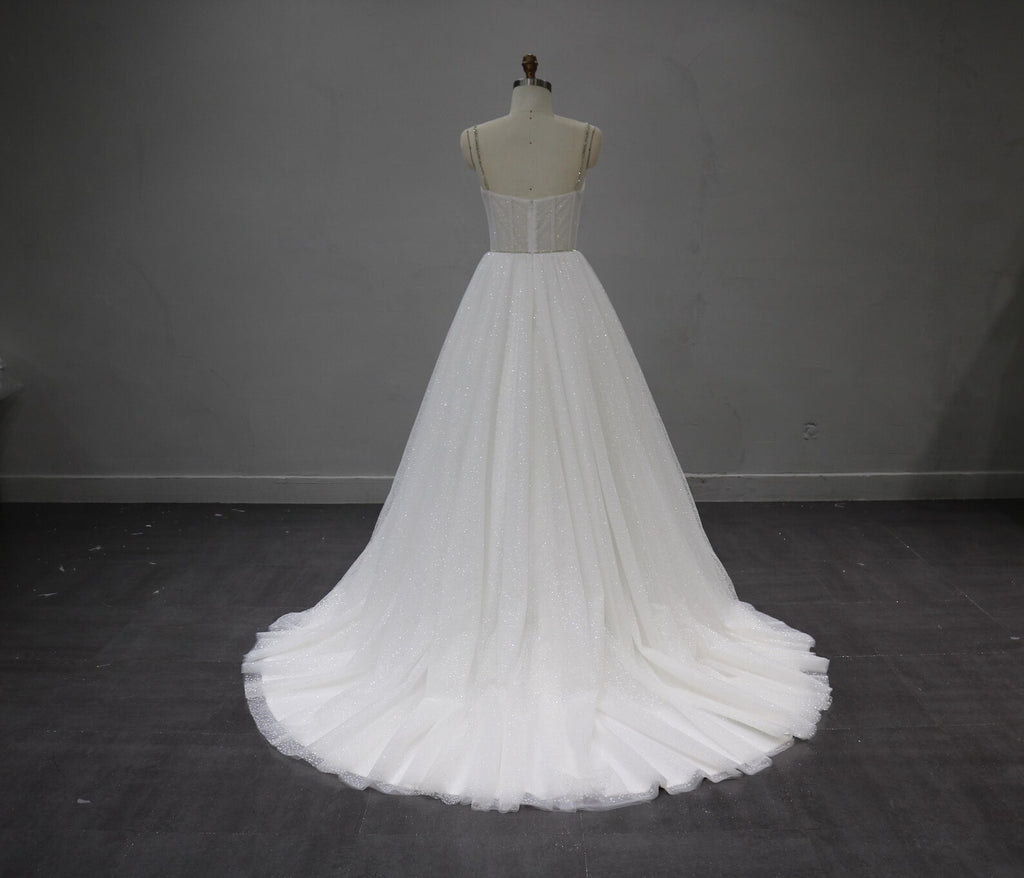 Sparkle Tulle Ballgown Wedding Dress, Sweetheart Corset Bridal Gown, Rhinestone Thin Straps Custom Wedding Gown