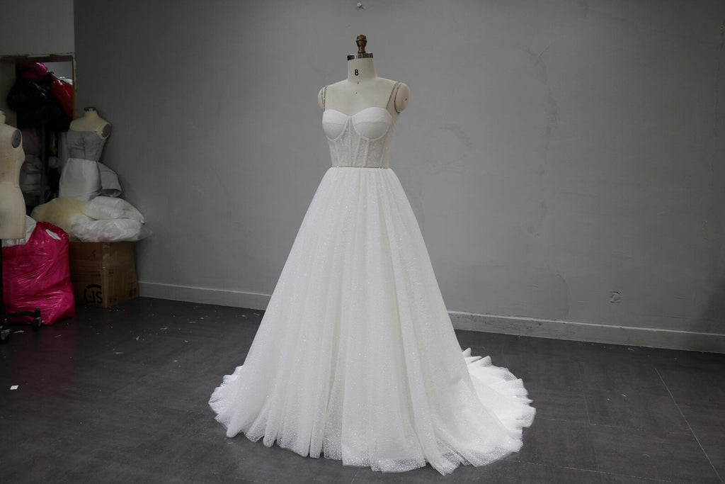 Sparkle Tulle Ballgown Wedding Dress, Sweetheart Corset Bridal Gown, Rhinestone Thin Straps Custom Wedding Gown