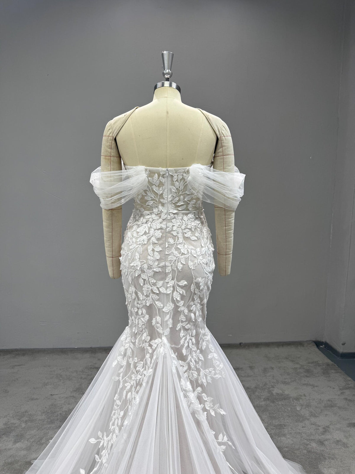 Off Shoulder Mermaid Wedding Dress, 3D Floral Lace Bridal Gown, Deep V Sheer Tulle Mermaid Gown With Train