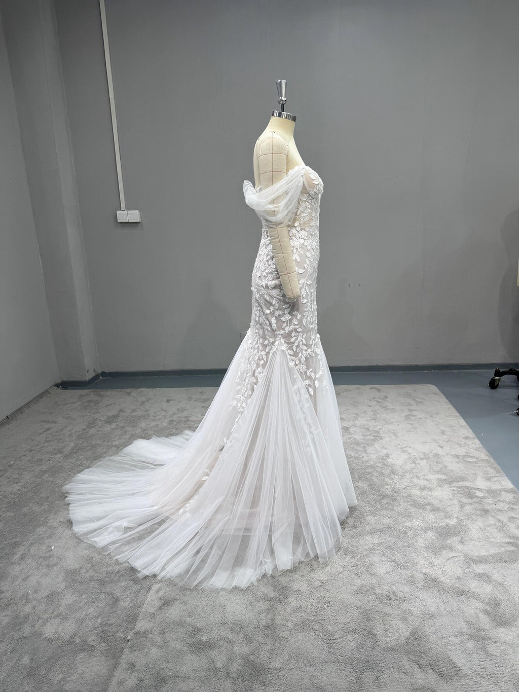 Off Shoulder Mermaid Wedding Dress, 3D Floral Lace Bridal Gown, Deep V Sheer Tulle Mermaid Gown With Train