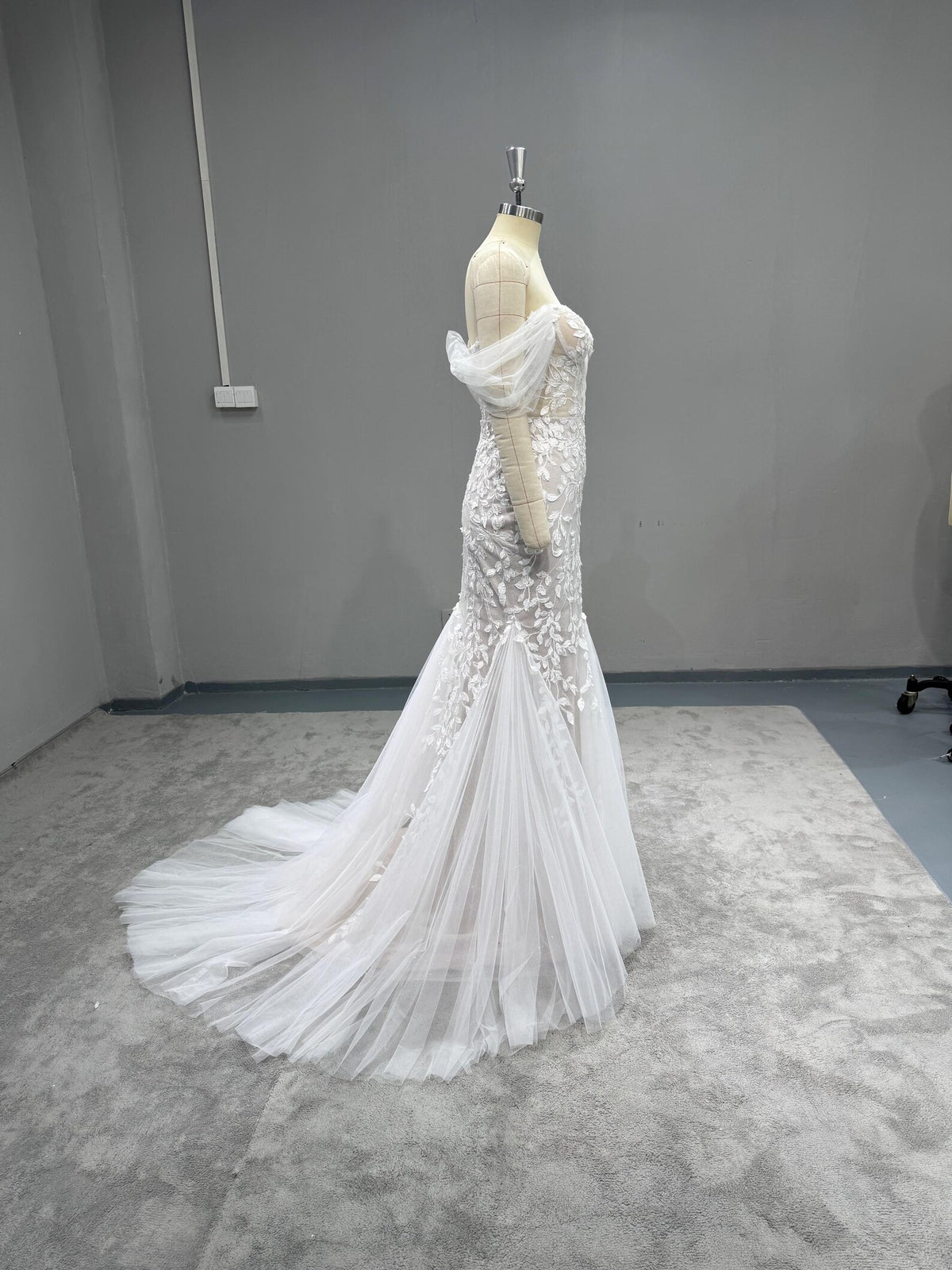 Off Shoulder Mermaid Wedding Dress, 3D Floral Lace Bridal Gown, Deep V Sheer Tulle Mermaid Gown With Train