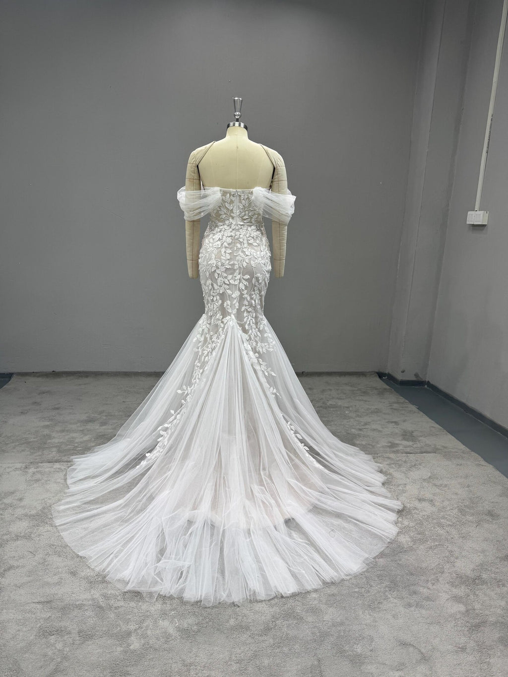 Off Shoulder Mermaid Wedding Dress, 3D Floral Lace Bridal Gown, Deep V Sheer Tulle Mermaid Gown With Train