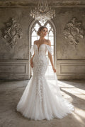 Off Shoulder Mermaid Wedding Dress, 3D Floral Lace Bridal Gown, Deep V Sheer Tulle Mermaid Gown With Train