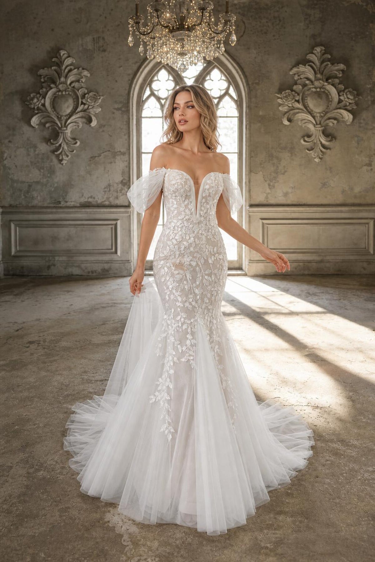 Off Shoulder Mermaid Wedding Dress, 3D Floral Lace Bridal Gown, Deep V Sheer Tulle Mermaid Gown With Train