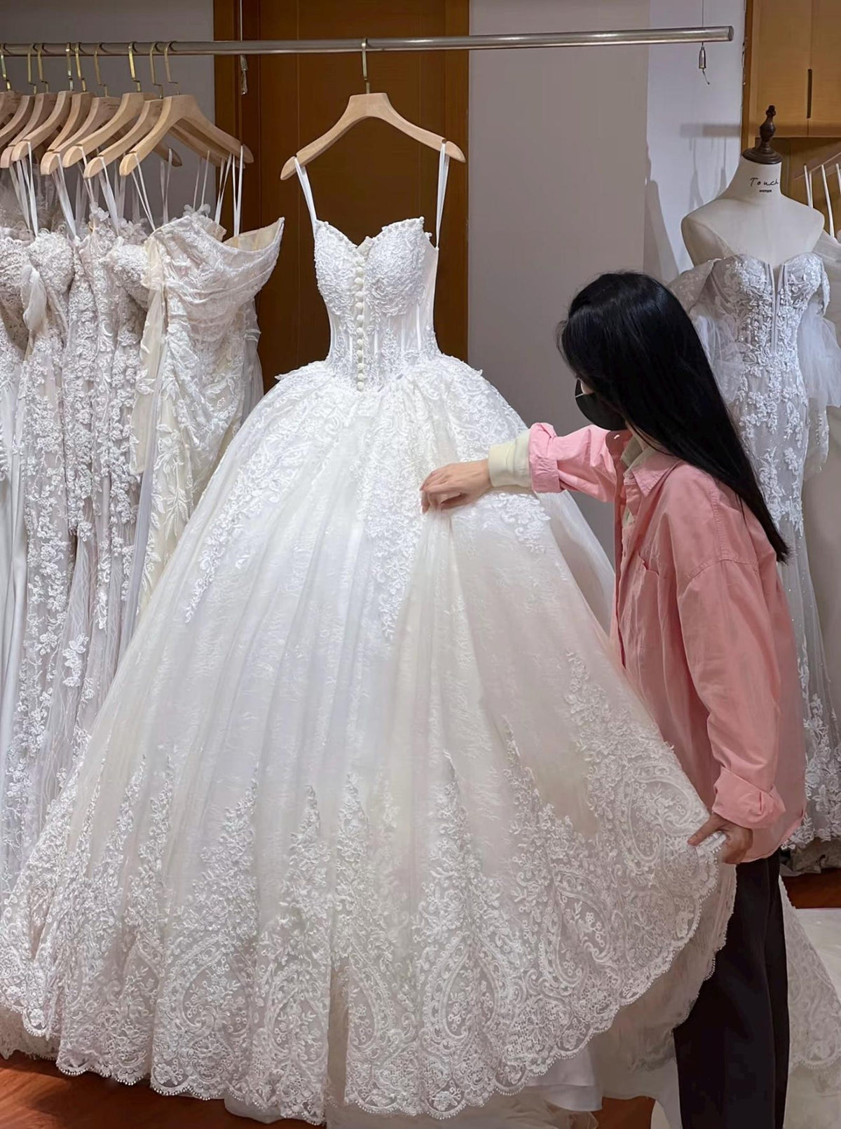 Spaghetti Strap Lace Ballgown Wedding Dress, Sweetheart Corset Bridal Gown