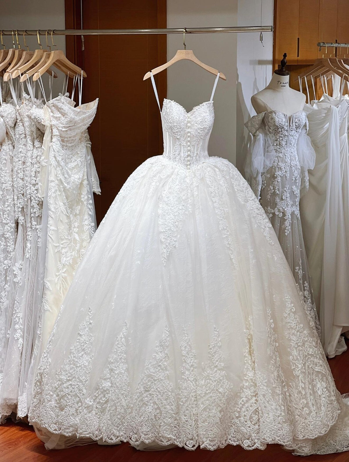 Spaghetti Strap Lace Ballgown Wedding Dress, Sweetheart Corset Bridal Gown