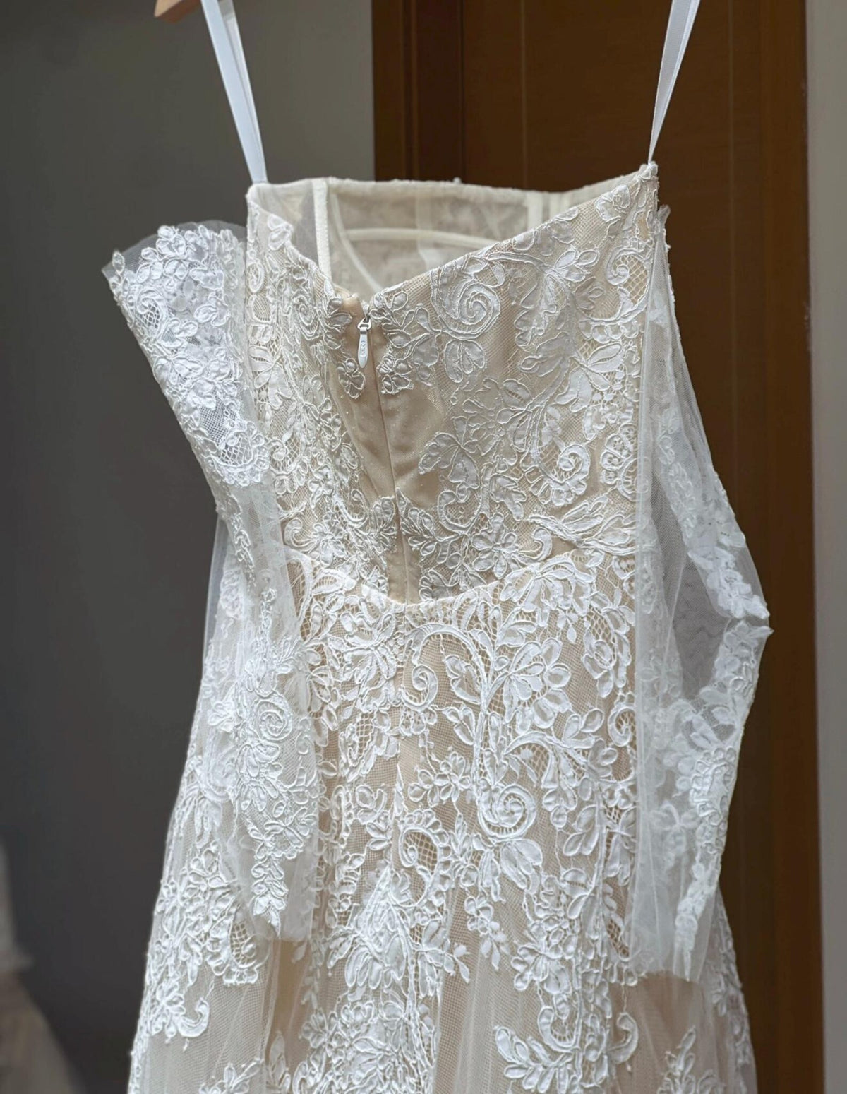 Spaghetti Strap Square Neck Lace A Line Wedding Dress, Bridal Gown with Lace Gloves