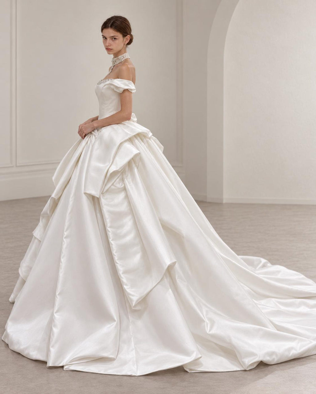 Off Shoulder Satin Wedding Dress, Luxury Ball Gown Bridal Gown, Large 3D Bow Princess Wedding Dress, Beaded Neckline Custom Bridal Dress