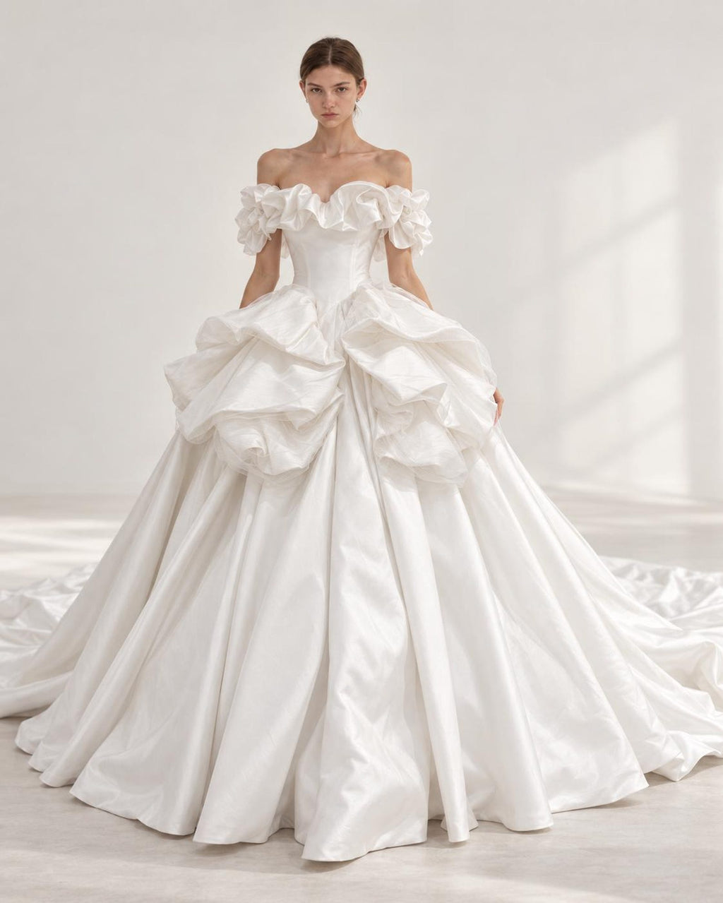 Ruffled Off Shoulder Satin Wedding Dress, 3D Flower Skirt Princess Ballgown Bridal Gown