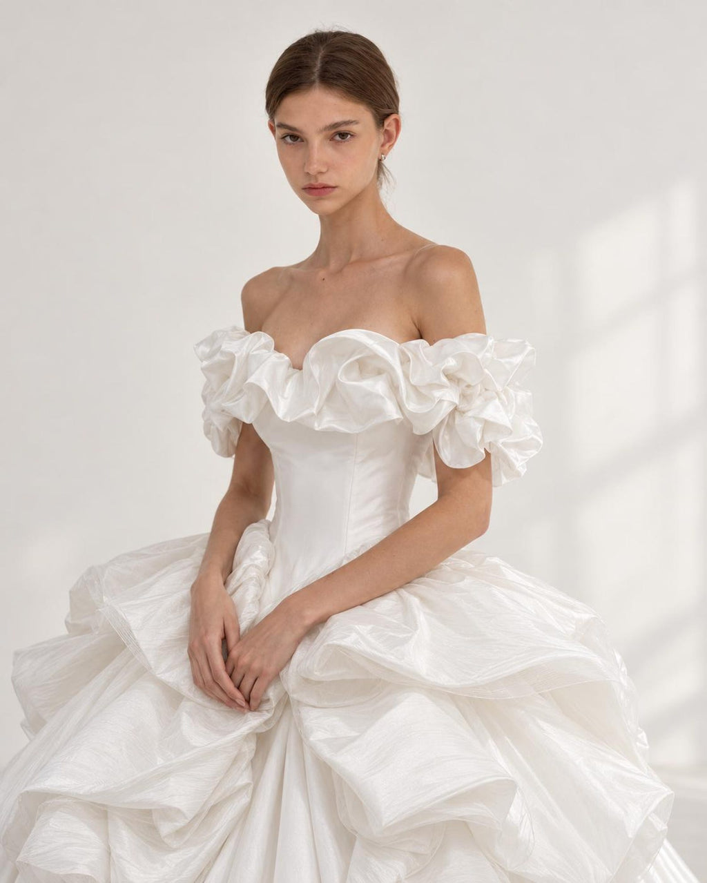 Ruffled Off Shoulder Satin Wedding Dress, 3D Flower Skirt Princess Ballgown Bridal Gown