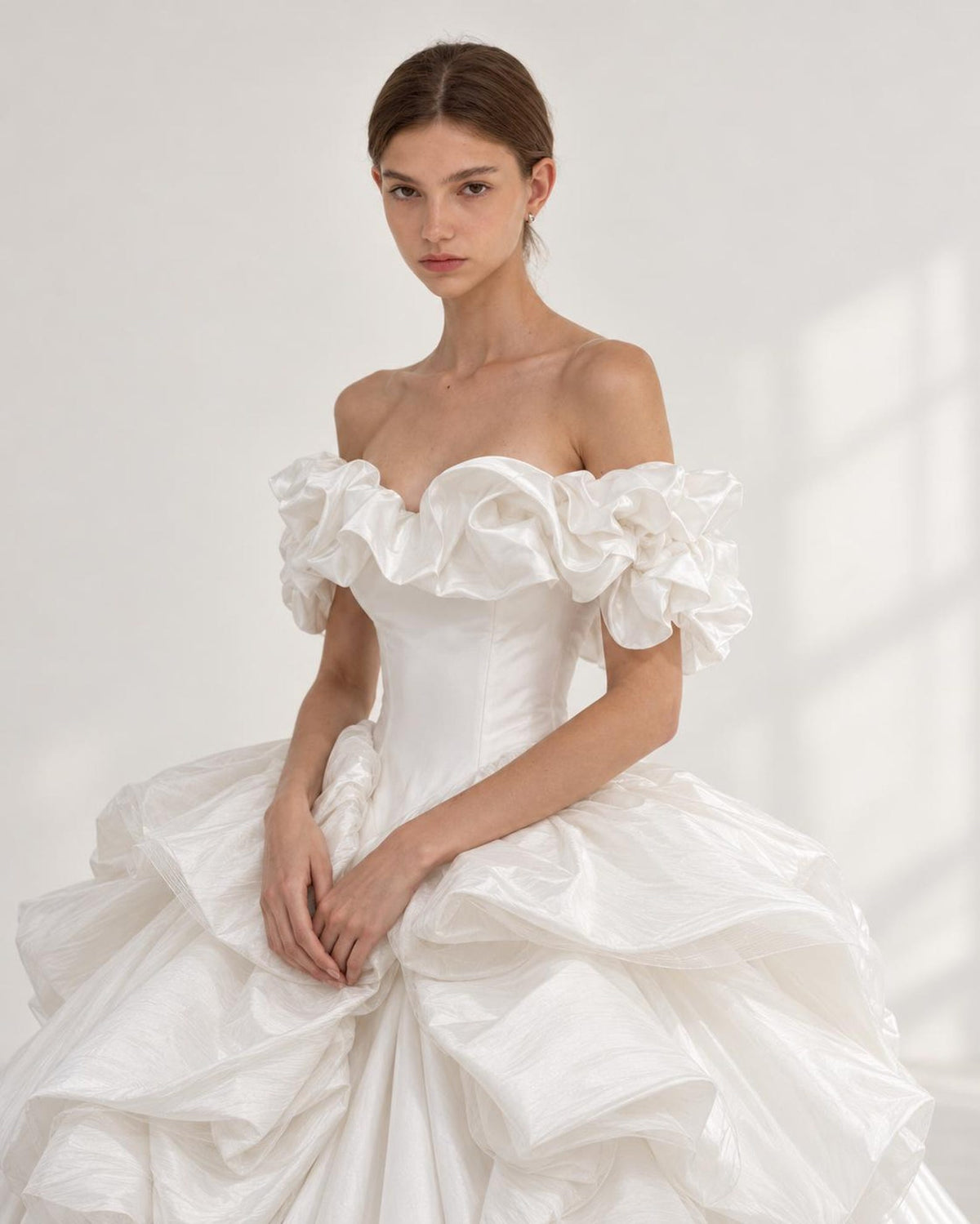 Ruffled Off Shoulder Satin Wedding Dress, 3D Flower Skirt Princess Ballgown Bridal Gown