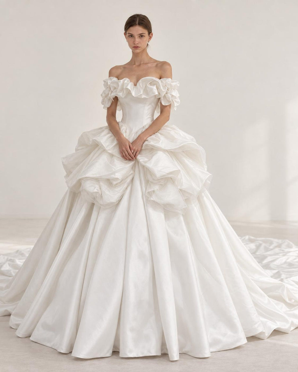 Ruffled Off Shoulder Satin Wedding Dress, 3D Flower Skirt Princess Ballgown Bridal Gown