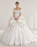 Ruffled Off Shoulder Satin Wedding Dress, 3D Flower Skirt Princess Ballgown Bridal Gown