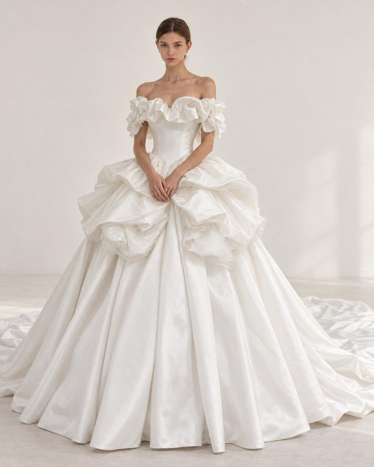 Ruffled Off Shoulder Satin Wedding Dress, 3D Flower Skirt Princess Ballgown Bridal Gown