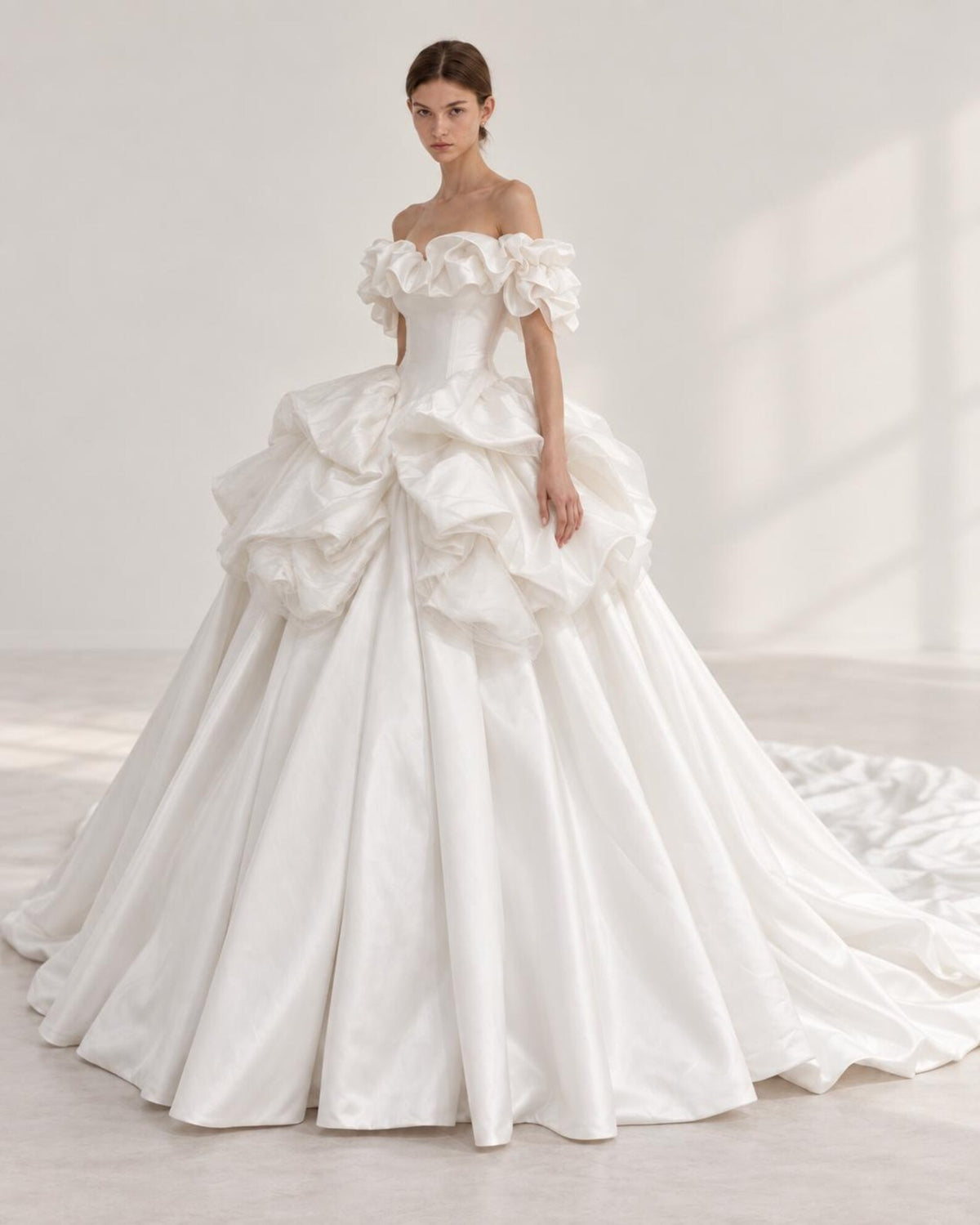 Ruffled Off Shoulder Satin Wedding Dress, 3D Flower Skirt Princess Ballgown Bridal Gown