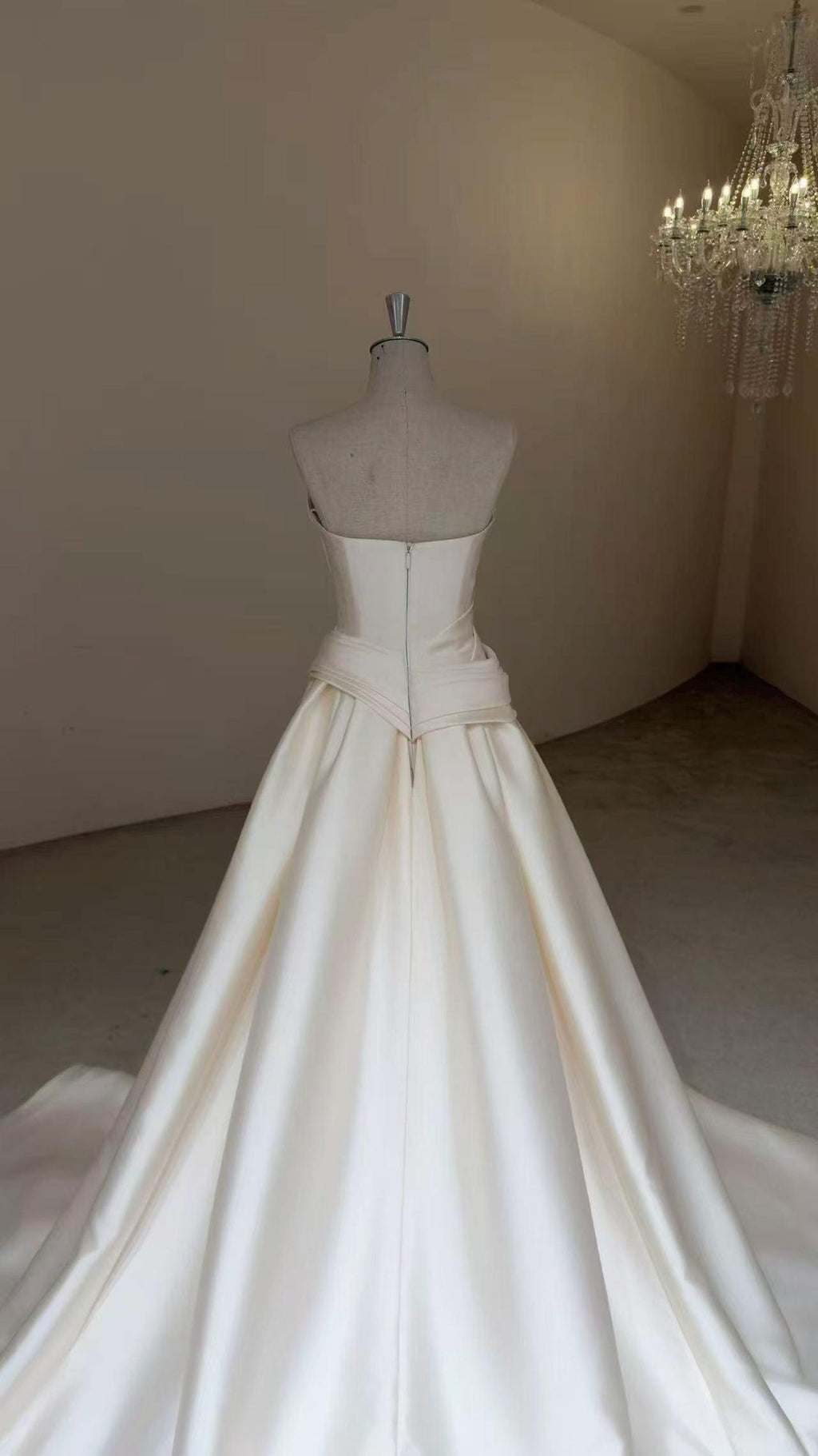 Strapless Mikado Satin Ballgown Wedding Dress, Structured Sash Bow A Line Bridal Gown With Train