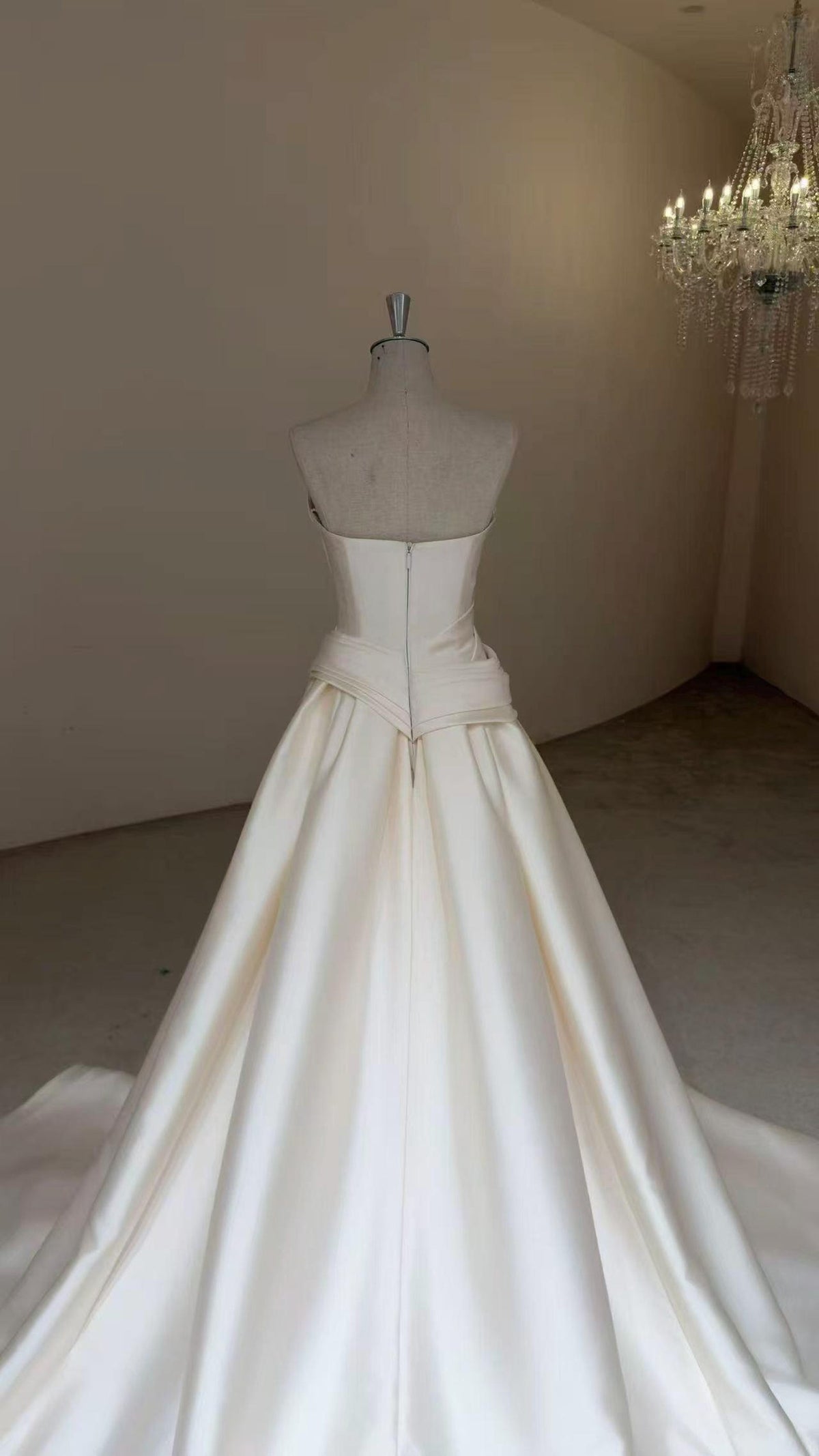 Strapless Mikado Satin Ballgown Wedding Dress, Structured Sash Bow A Line Bridal Gown With Train