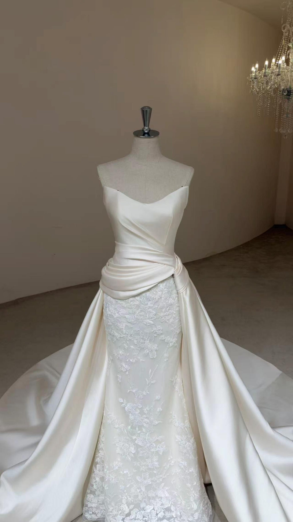 Strapless Mikado Satin Ballgown Wedding Dress, Structured Sash Bow A Line Bridal Gown With Train