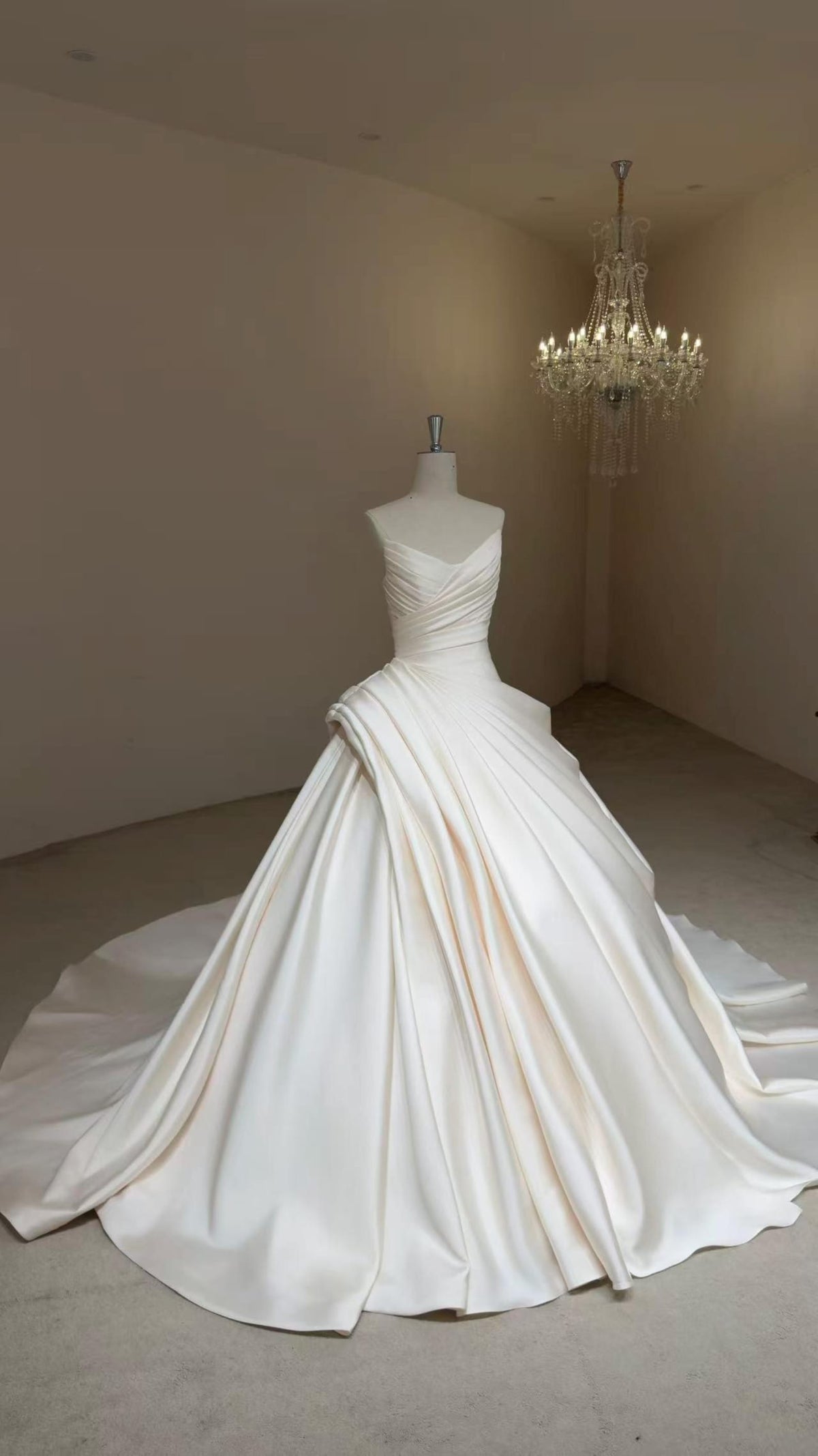 Strapless Pleated Mikado Satin Ballgown Wedding Dress, Draped V Neck A Line Bridal Gown With Train