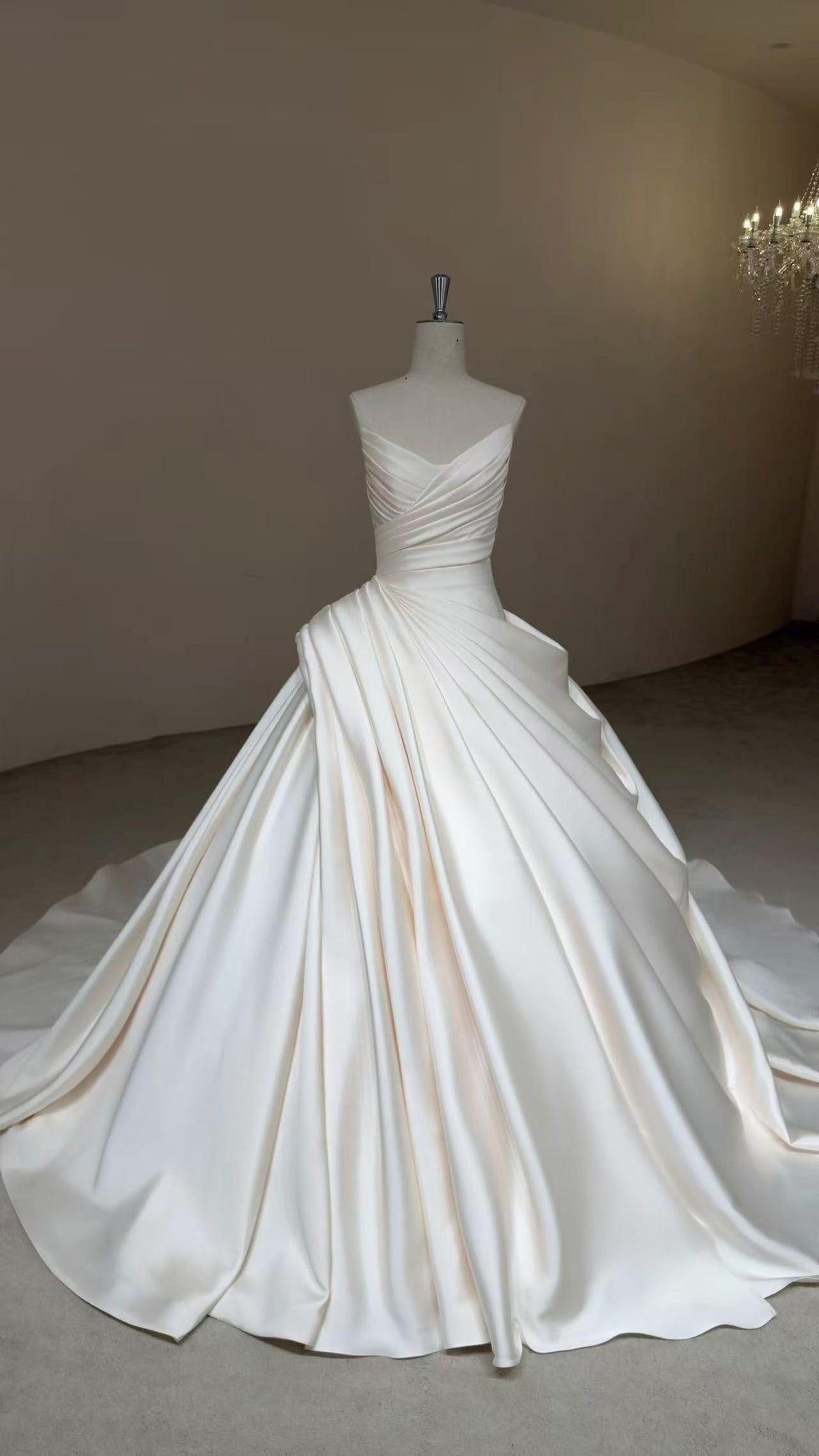 Strapless Pleated Mikado Satin Ballgown Wedding Dress, Draped V Neck A Line Bridal Gown With Train