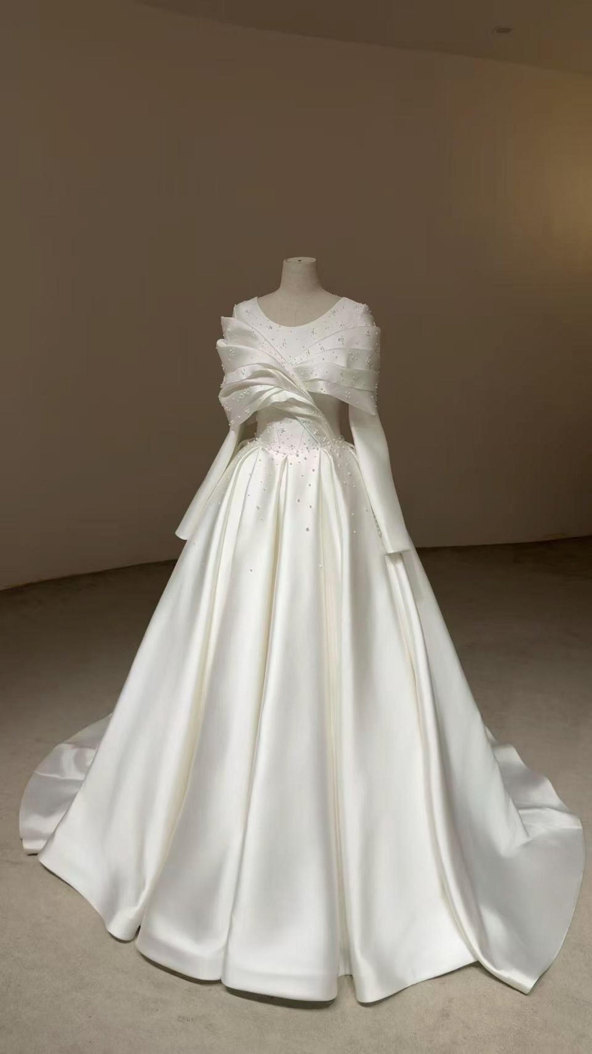 V Neck Long Sleeve Mikado Satin Ballgown Wedding Dress, Draped Bow Beaded A Line Bridal Gown With Train
