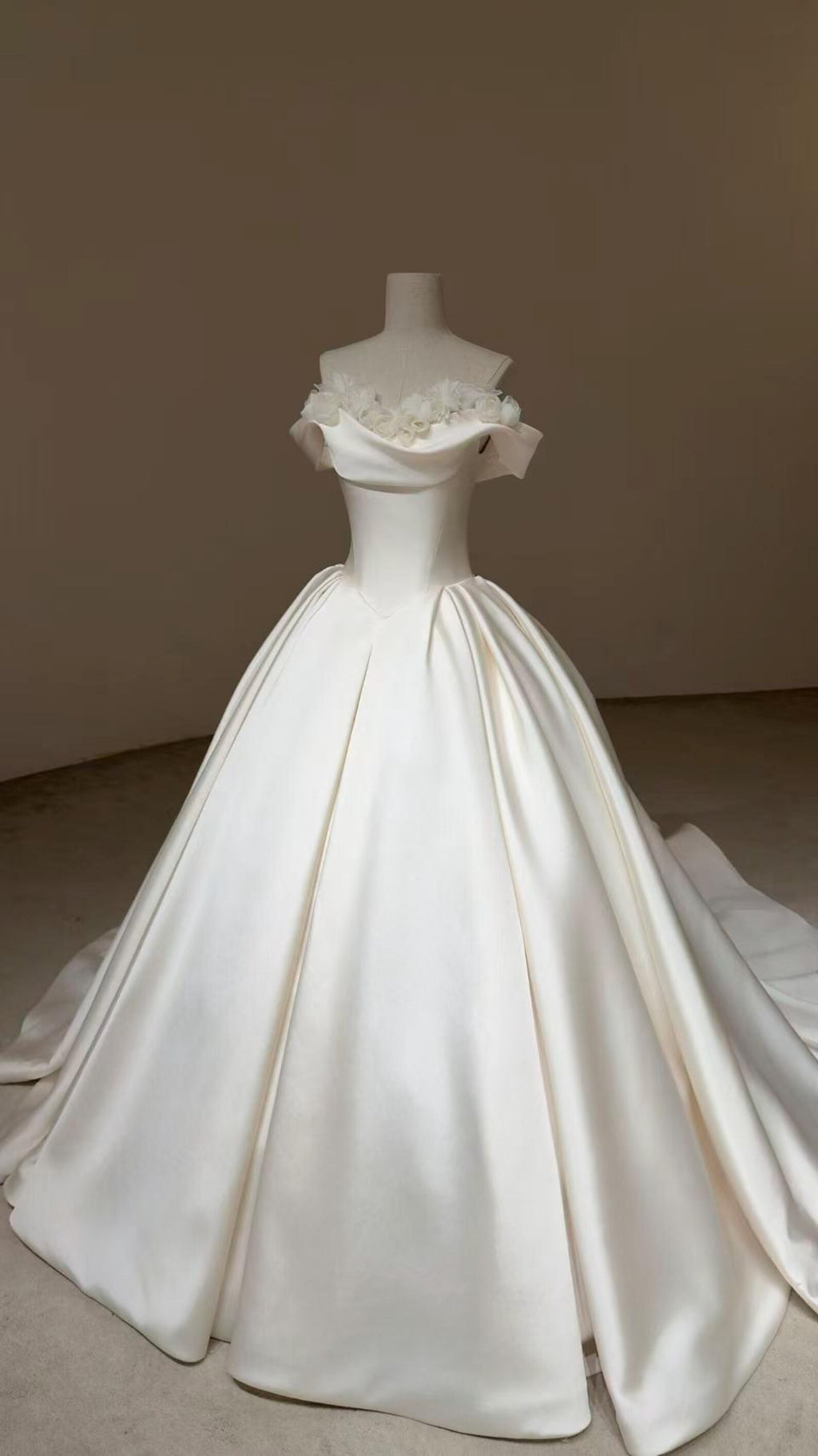 Off Shoulder Mikado Satin Ballgown Wedding Dress, 3d Floral Applique A Line Bridal Gown With Train