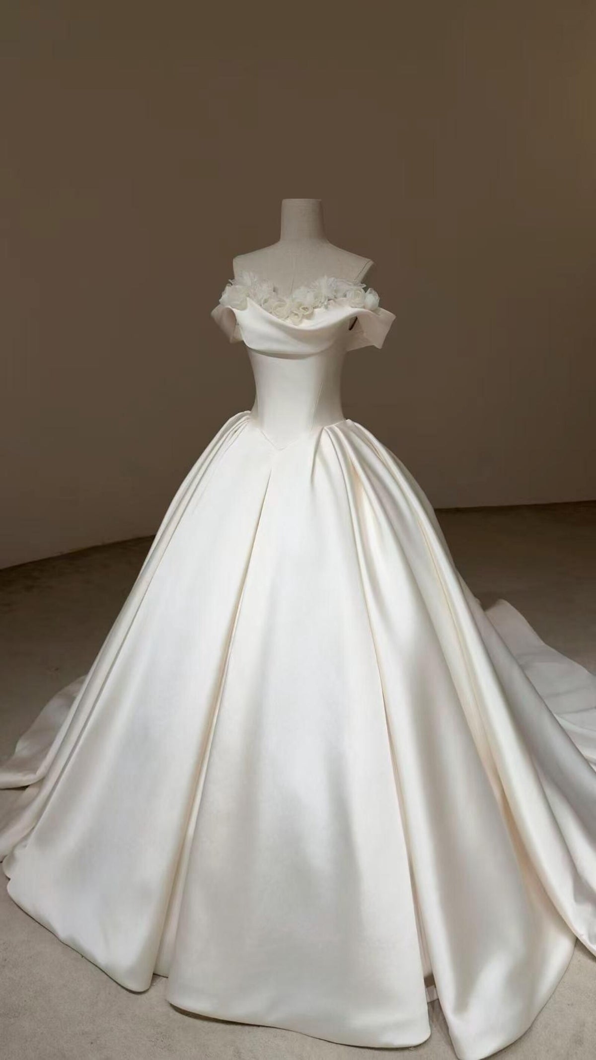 Off Shoulder Mikado Satin Ballgown Wedding Dress, 3d Floral Applique A Line Bridal Gown With Train