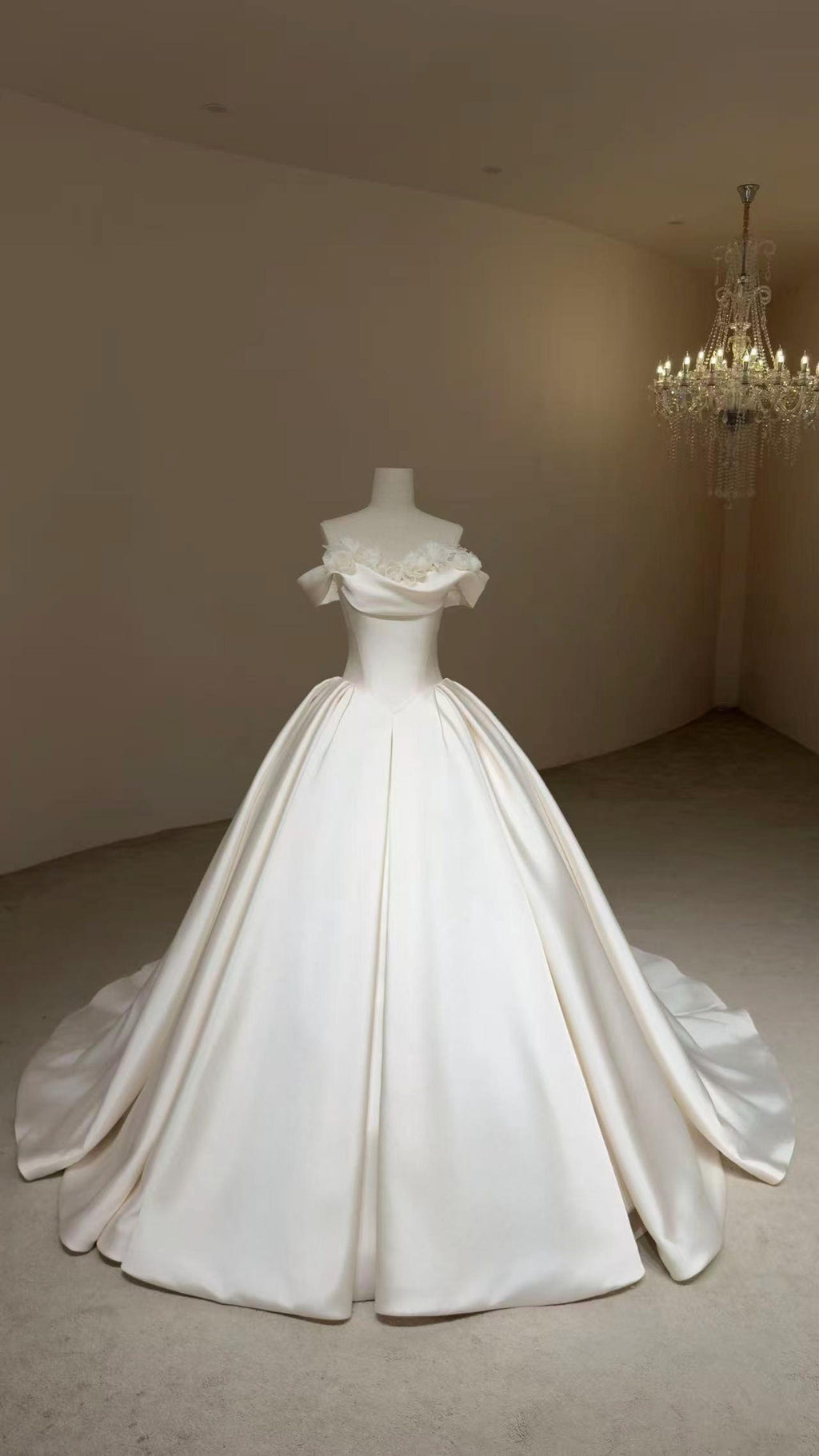 Off Shoulder Mikado Satin Ballgown Wedding Dress, 3d Floral Applique A Line Bridal Gown With Train