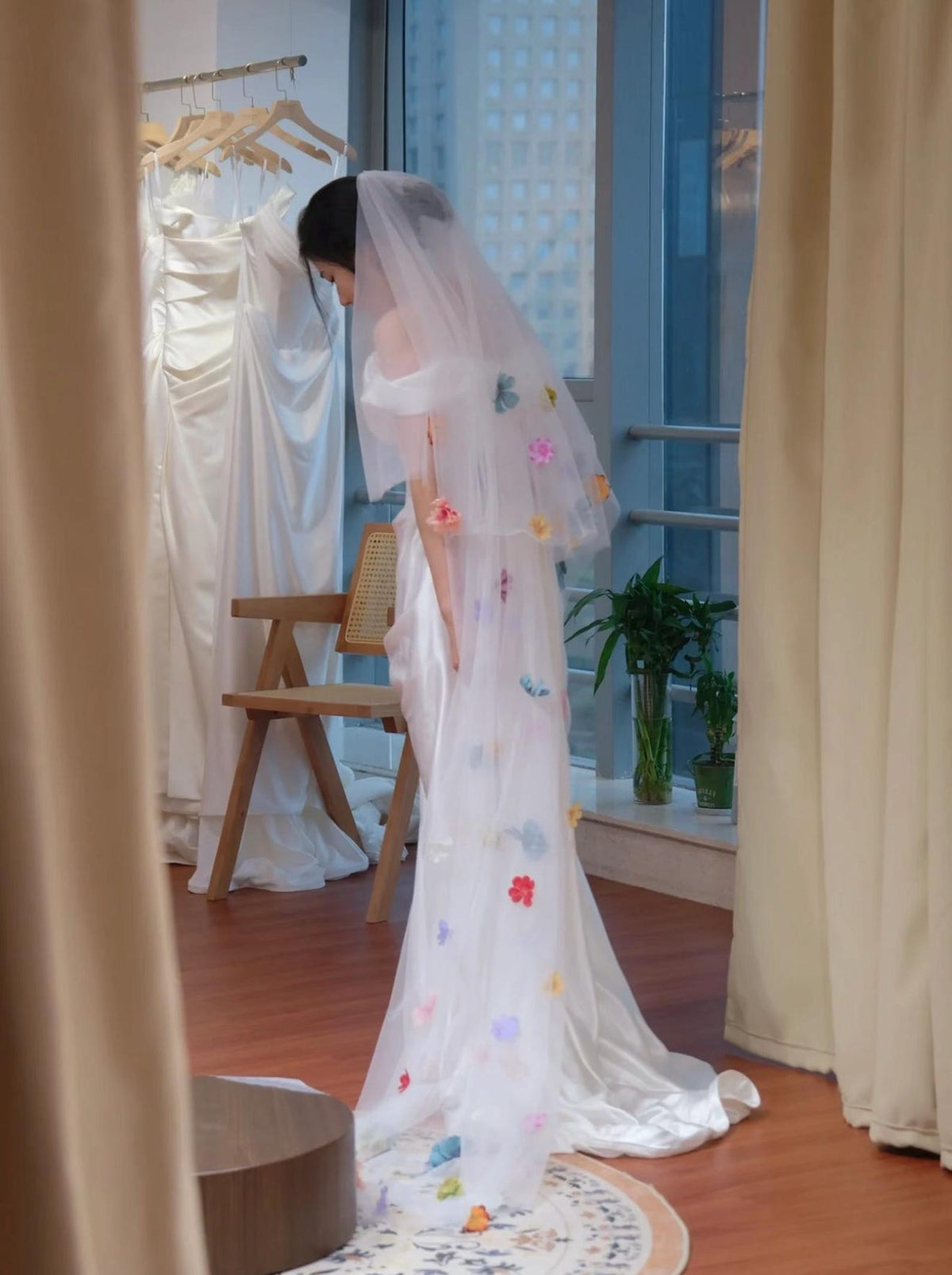 Colorful 3D Floral Wedding Veil, Long Tulle Bridal Veil With Handmade Multicolor Flower Appliques