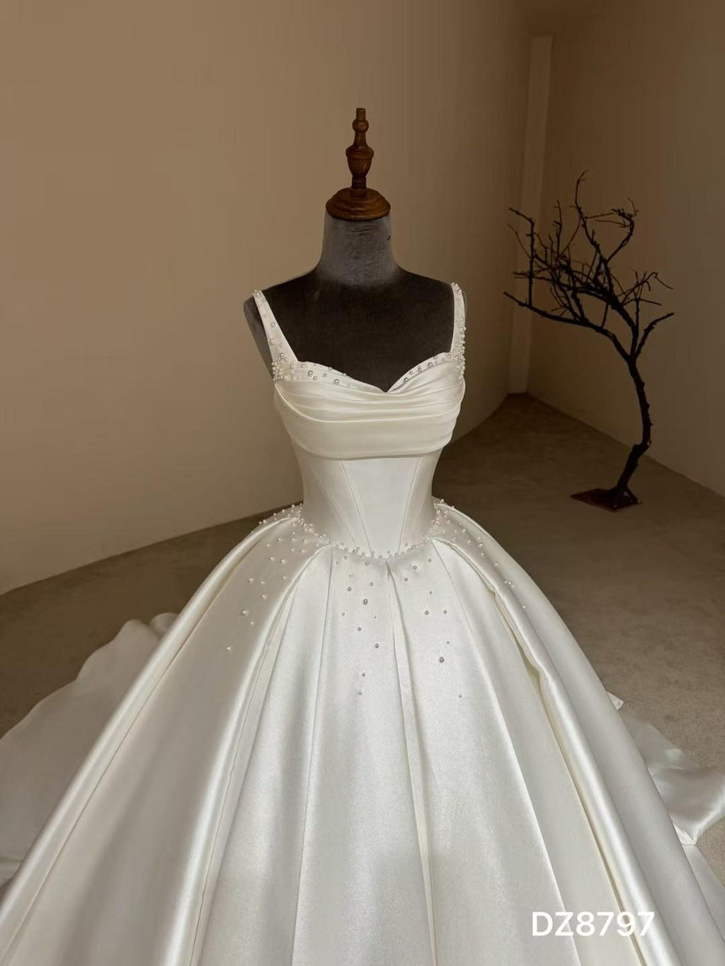 Spaghetti Strap Sweetheart Mikado Satin Ballgown Wedding Dress, Beaded A Line Bridal Gown With Train