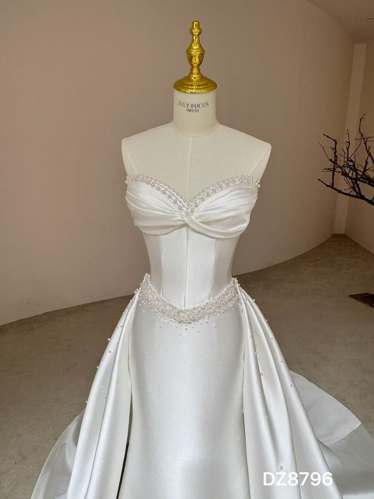 Strapless Twist Mikado Satin Wedding Dress, Detachable Overskirt Pearl Beaded Bridal Gown With Train