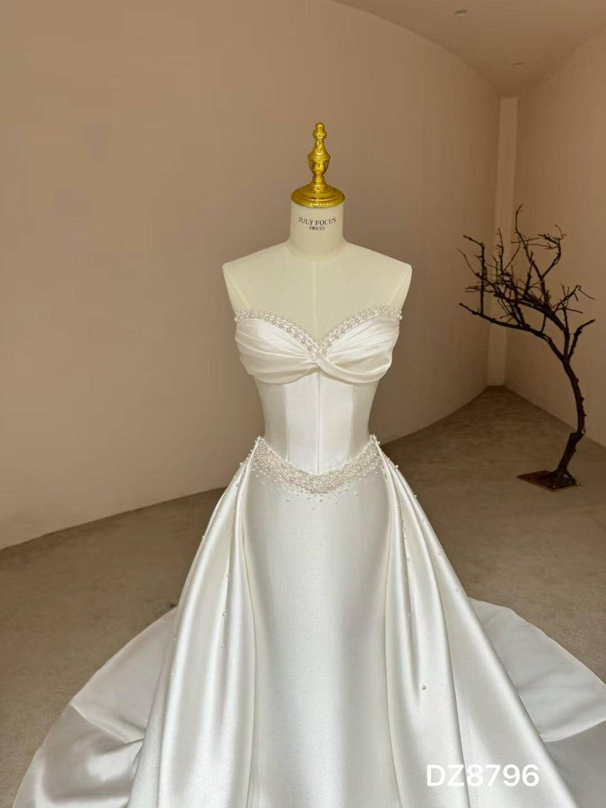 Strapless Twist Mikado Satin Wedding Dress, Detachable Overskirt Pearl Beaded Bridal Gown With Train