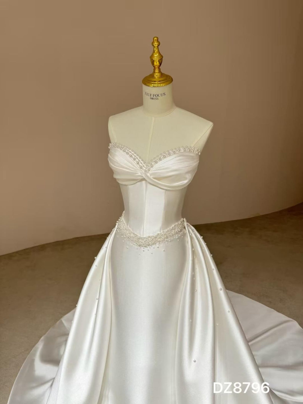 Strapless Twist Mikado Satin Wedding Dress, Detachable Overskirt Pearl Beaded Bridal Gown With Train