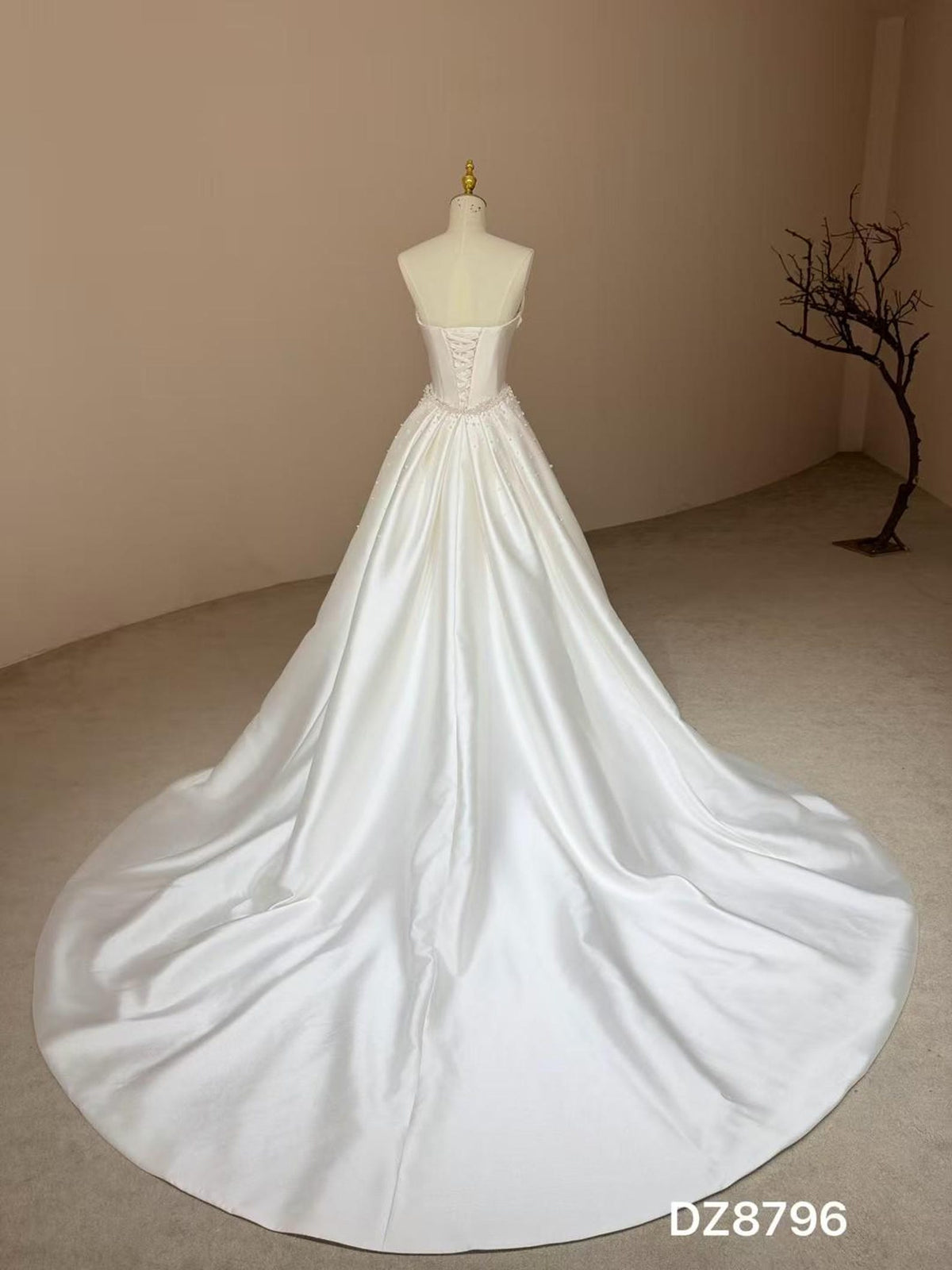 Strapless Twist Mikado Satin Wedding Dress, Detachable Overskirt Pearl Beaded Bridal Gown With Train