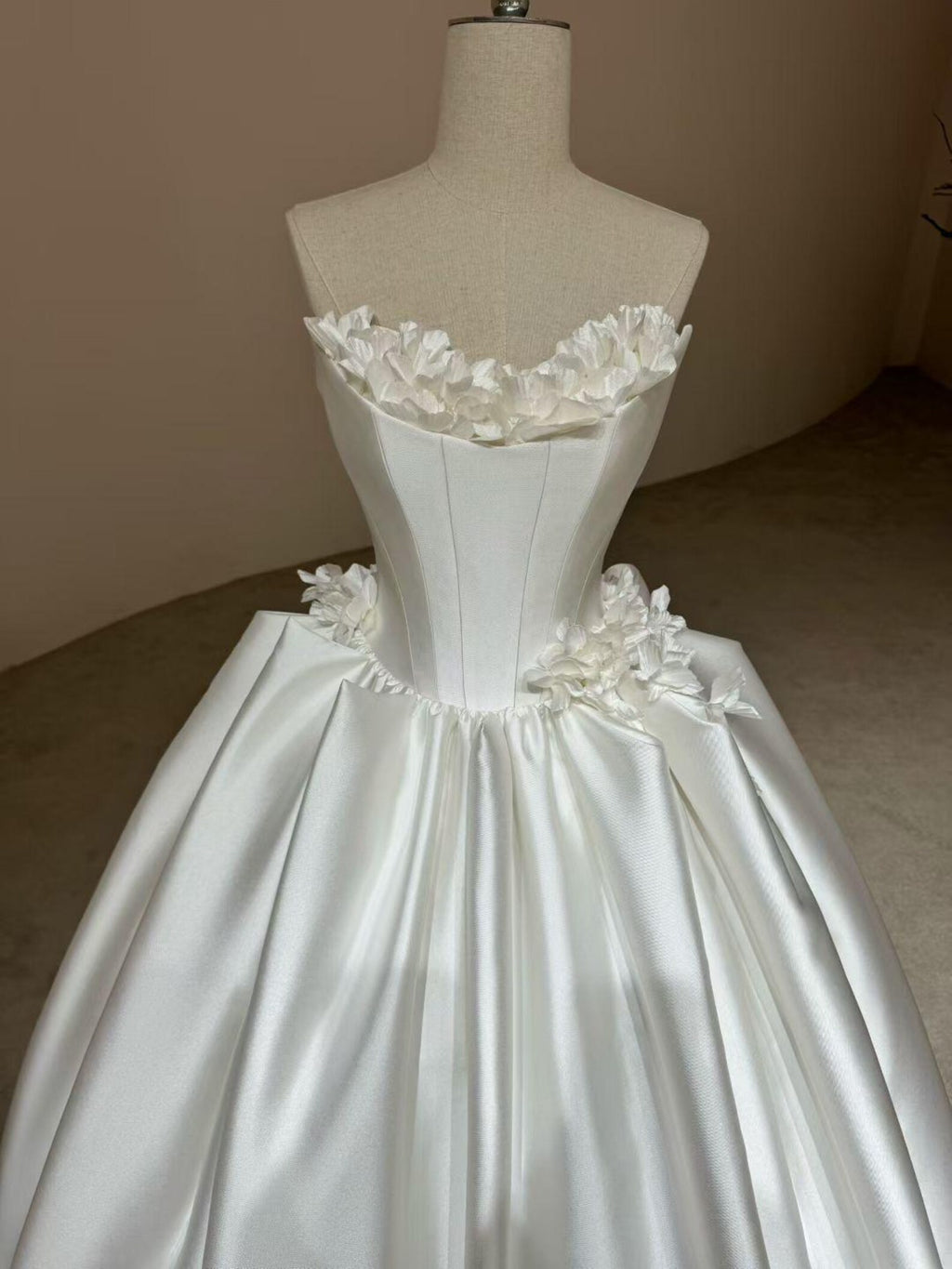 Strapless 3D Floral Mikado Satin Ballgown Wedding Dress, Handmade Flower Bridal Gown
