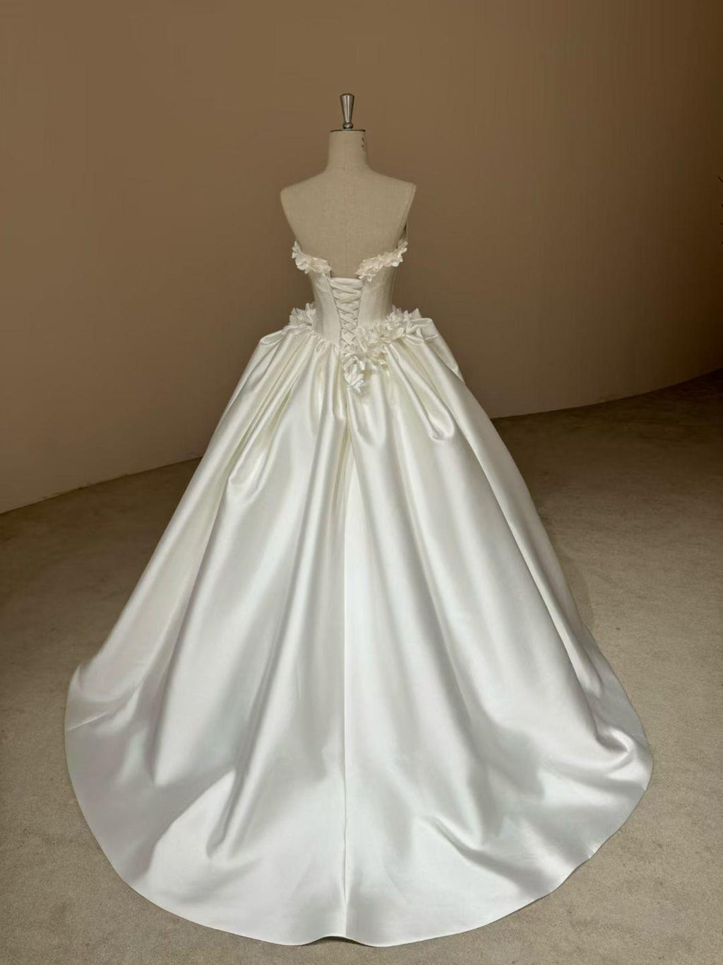 Strapless 3D Floral Mikado Satin Ballgown Wedding Dress, Handmade Flower Bridal Gown