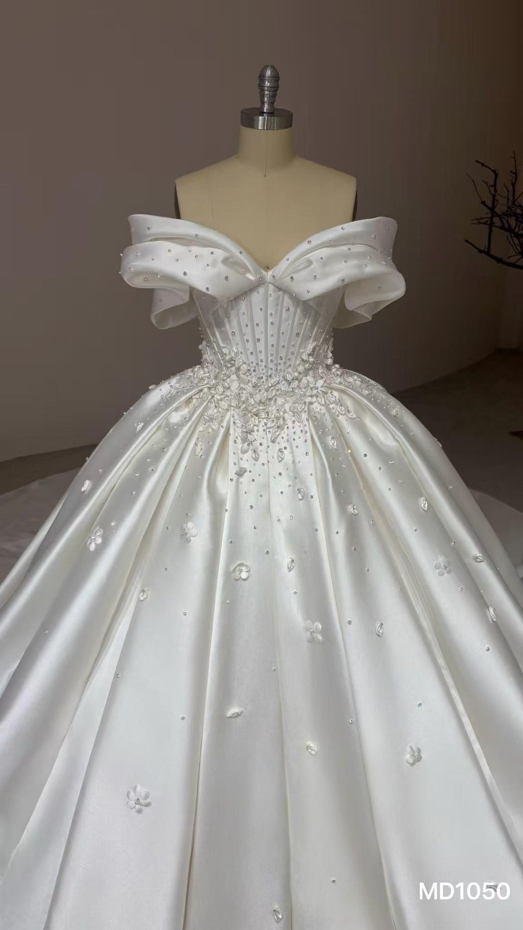 Off Shoulder Bow Mikado Satin Ballgown Wedding Dress, 3D Floral Beaded Bridal Gown With Train
