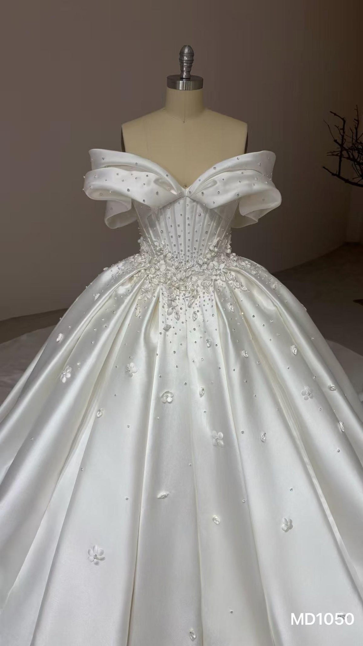 Off Shoulder Bow Mikado Satin Ballgown Wedding Dress, 3D Floral Beaded Bridal Gown With Train
