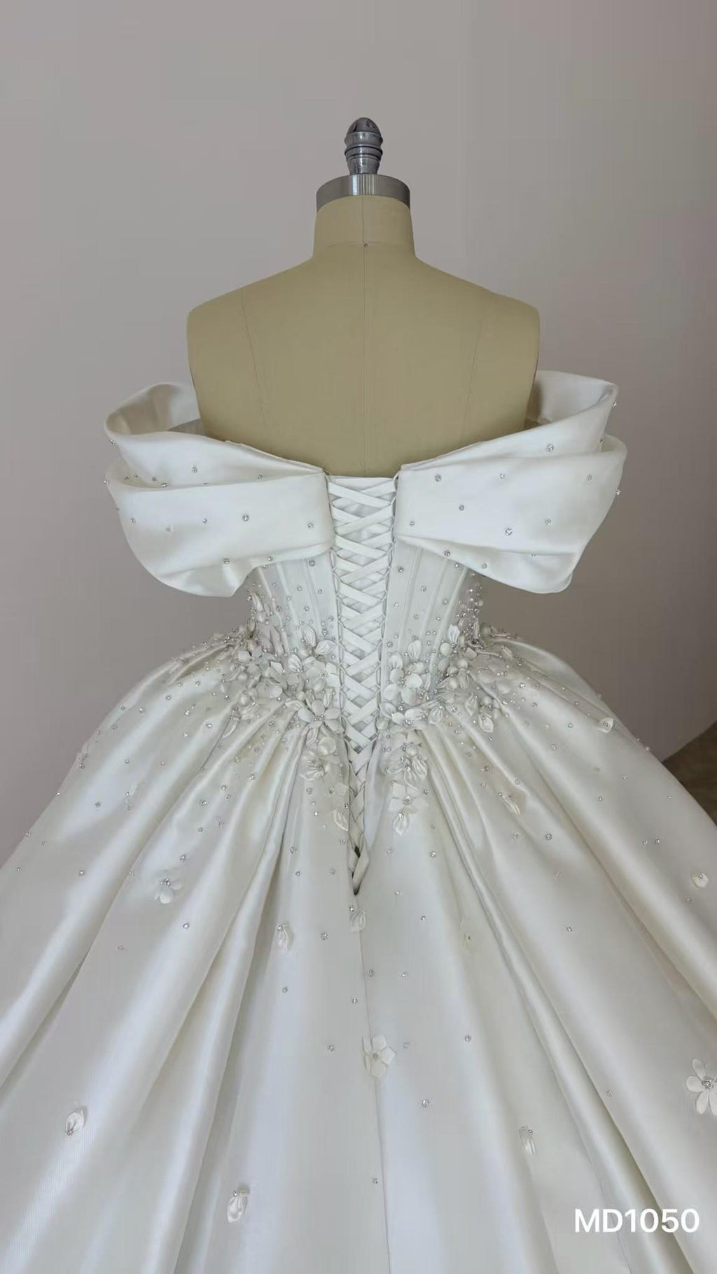 Off Shoulder Bow Mikado Satin Ballgown Wedding Dress, 3D Floral Beaded Bridal Gown With Train