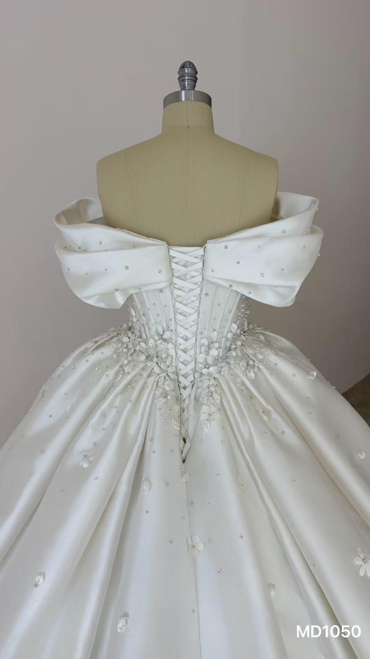 Off Shoulder Bow Mikado Satin Ballgown Wedding Dress, 3D Floral Beaded Bridal Gown With Train