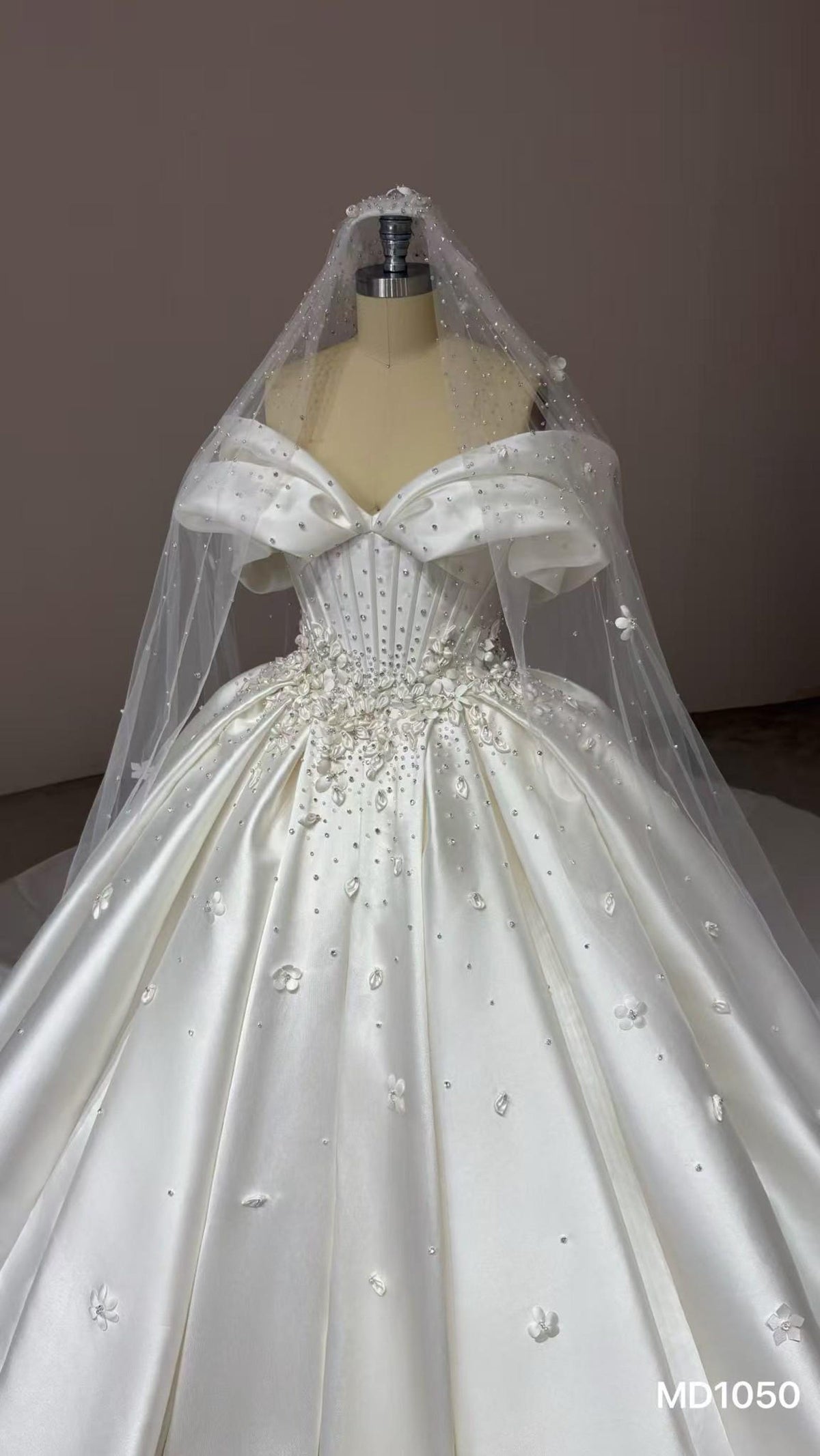 Off Shoulder Bow Mikado Satin Ballgown Wedding Dress, 3D Floral Beaded Bridal Gown With Train