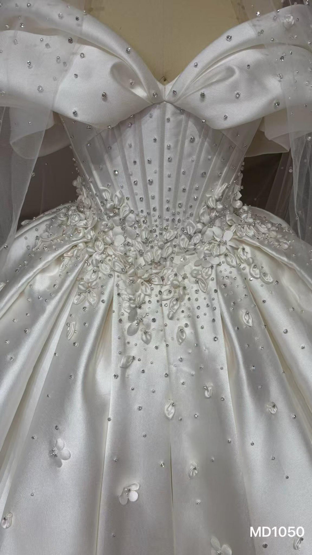 Off Shoulder Bow Mikado Satin Ballgown Wedding Dress, 3D Floral Beaded Bridal Gown With Train